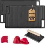 Cast Iron Reversible Grill/Griddle Set with Press, Scraper & Mitts – Pre-Seasoned, Non-Stick – 16.75″ x 9.5″ – Gas Stove, Grill, Camping, Indoor and Outdoor Cooking